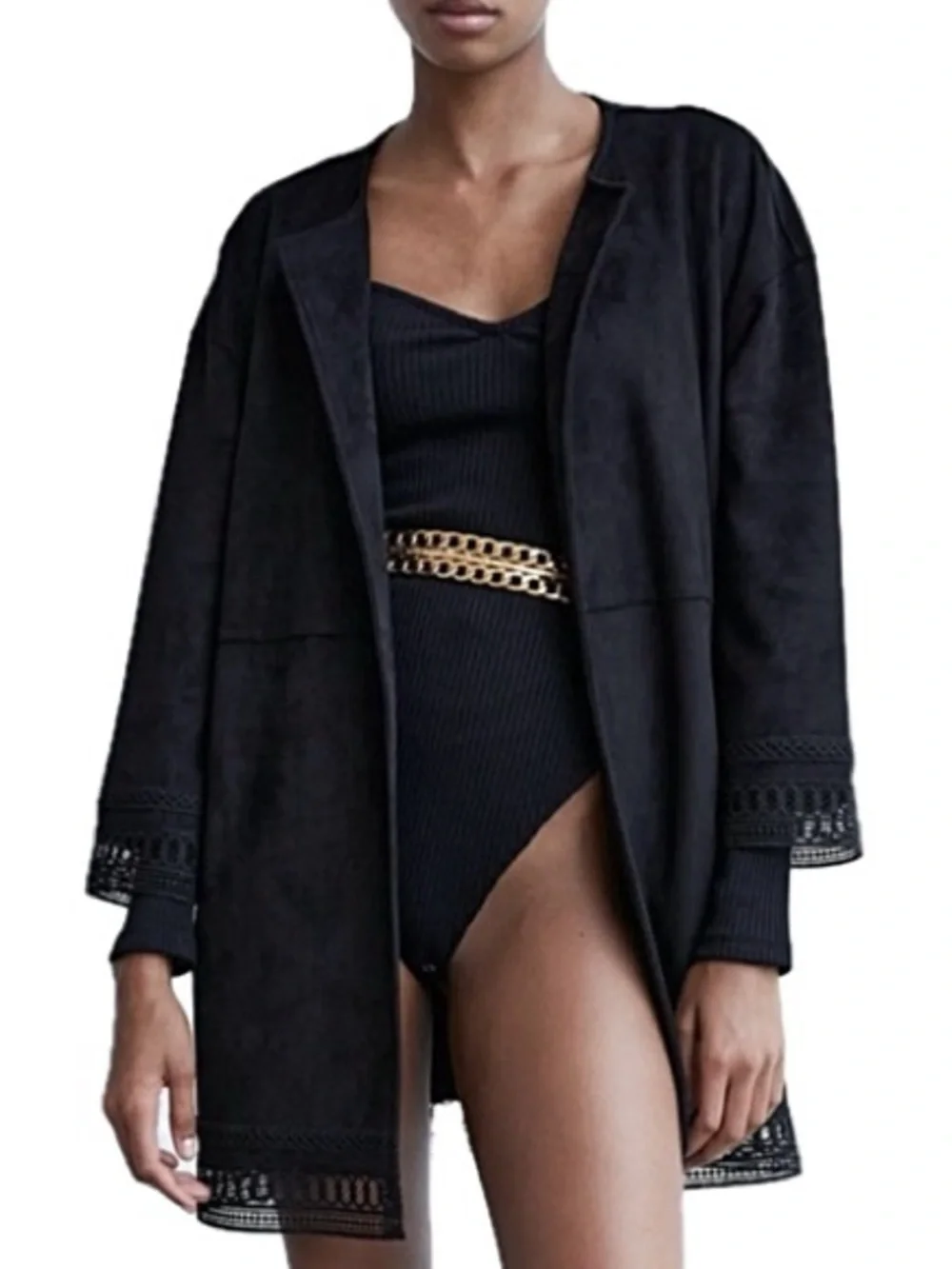 NWT Zara Black Faux Suede Oversized Open Jacket Womens Size XS Crochet Lace Trim